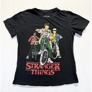Netflix Stranger Things T Shirt Women L Black Graphic Mike Lucas Dustin Bicycles